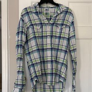 Express Men's Casual Plaid Shirt - Navy and Lime